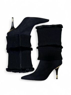Black Knit-Cuff Pointed Toe Stiletto Boots